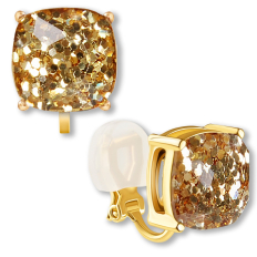 Clip On Faceted Square Studs - Gold Glitter