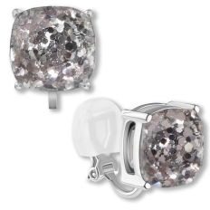 Clip On Faceted Square Studs - Silver Glitter - Silver-Tone Metal