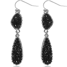 Druzy Double Drop Dangles - Black Silver-Tone
