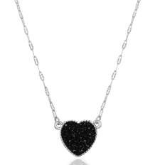 Druzy Heart Necklace - Silver Metal - Black Stone