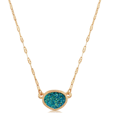 Oval Druzy Delicate Necklace - Peacock Blue