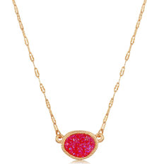 Oval Druzy Delicate Necklace - Hot Pink