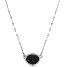 Oval Druzy Delicate Necklace - Silver Tone - Black