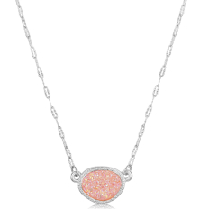 Oval Druzy Necklace - Silver Metal - Rose Quartz Stone