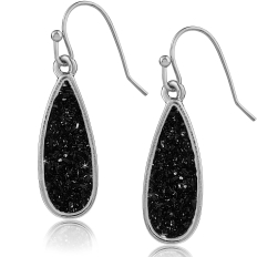 Druzy Petal Drop Dangles - Silver Metal - Black Stone