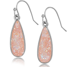 Druzy Petal Drop Dangles - Silver Metal - Rose Quartz Stone