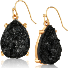 Druzy Teardrop Dangles - Gold Metal - Black Stone