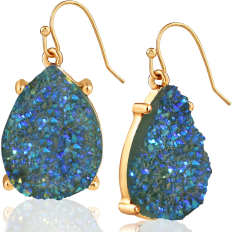 Druzy Teardrop Dangles - Gold Metal - Peacock Blue Stone