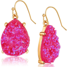 Druzy Teardrop Dangles - Gold Metal - Hot Pink Stone