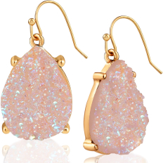 Druzy Teardrop Dangles - Gold Metal - Rose Quartz Stone