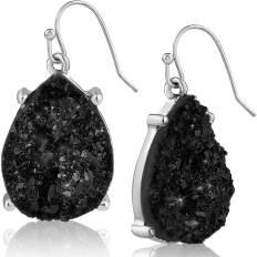 Druzy Teardrop Dangles - Silver Metal - Black Stone