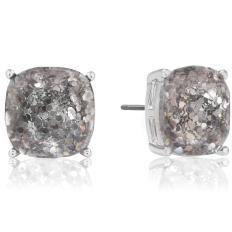 Faceted Square Studs - Silver Metal - Silver Glitter