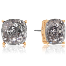 Faceted Square Studs - Gold Metal - Silver Glitter