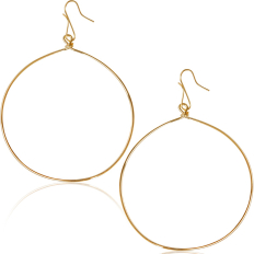 Round Hoop Dangle Earrings - 18K Gold Plated - 3.2 inch