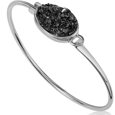 Oval Druzy Bangle - Silver Tone - Black