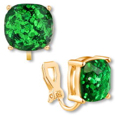 Clip On Faceted Square Studs - Emerald Green Glitter