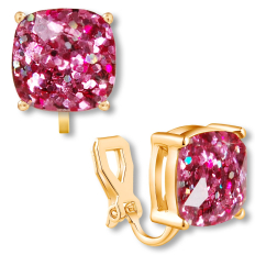 Clip On Faceted Square Studs - Hot Pink
