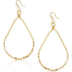Hammered Teardrop Dangle Hoops - 18K Gold Plated - 2.6 inch