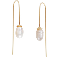 Gold Teardrop Simulated Pearl Dangles - Oval-Shaped Hanging Bead Threader Drop Earrings